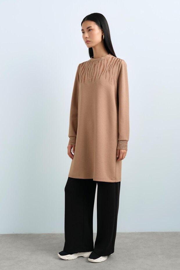 Sim Kumaşlı Zebra Desen Örme Tunik Camel - 2