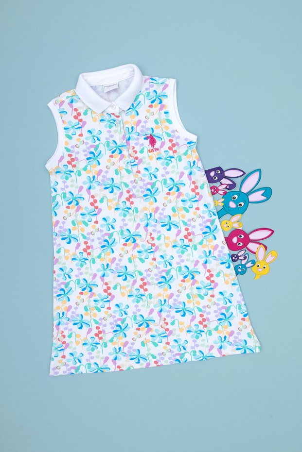 Girls White Polo Collar Sleeveless Floral Pattern Knitted Dress 50305225-Vr013