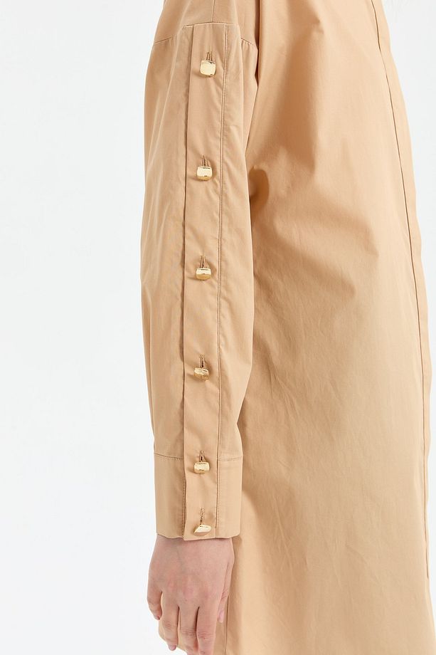 Kolları Düğmeli Açılımlı Poplin Gömlek Tunik Camel - 6