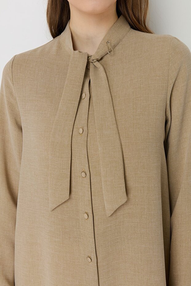 Yakası Bağlamalı Basic Tunik Bej - 3