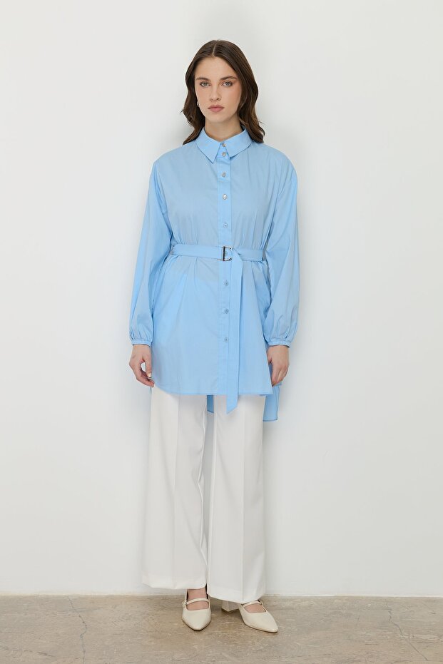 Beli Belted Asymmetrical Cotton Tunic Light Blue