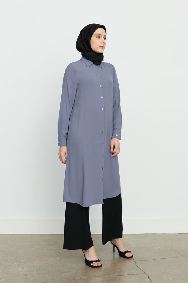 Gömlek Yaka Basic Tunik Gri - 2