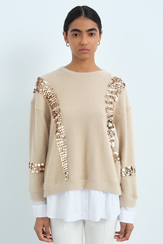 Pullu Gömlek Garni Angora Tunik Bej - 1