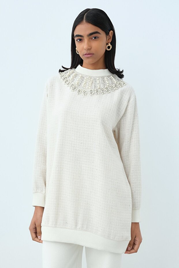 Bright Taşlı Tunik Ekru - 1