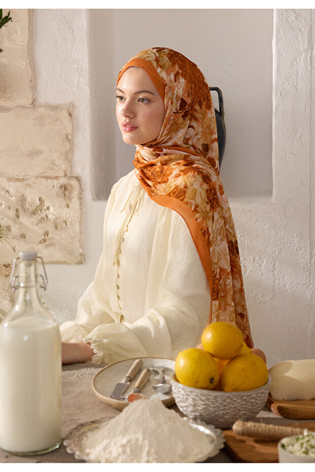 شال منسوج من نسيج الرامي بتصميم زهرة الصيف باللون البرتقالي - 1