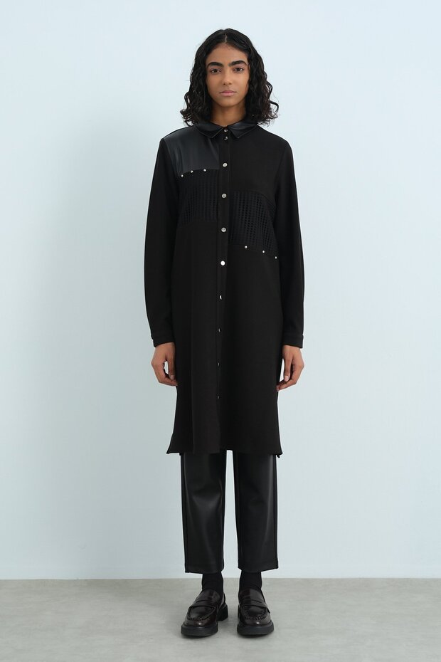 Deri Garnili Gömlek Yaka Örme Tunik Siyah - 1