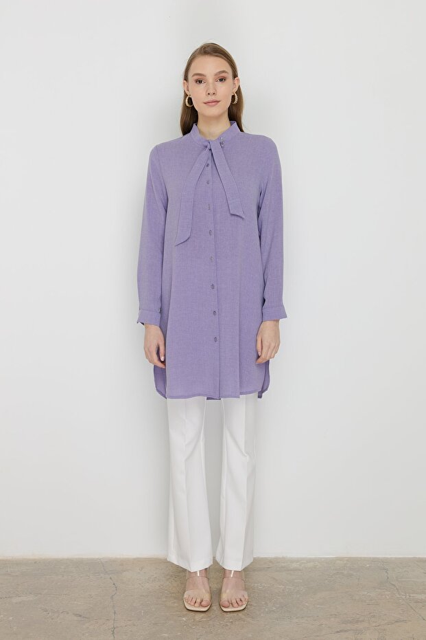 Yakası Bağlamalı Basic Tunik Lila - 1