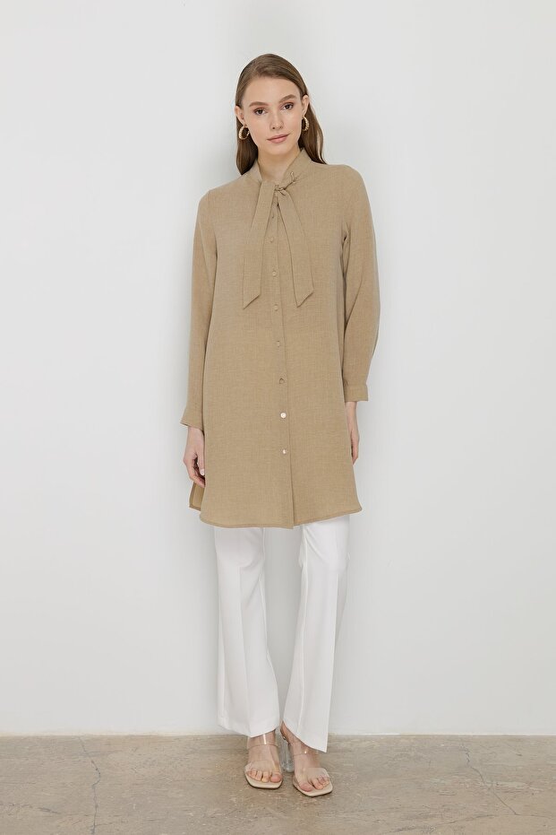 Yakası Bağlamalı Basic Tunik Bej - 1