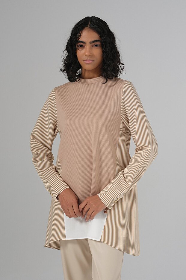 Poplin Kumaş Mixli Tunik Bej - 6