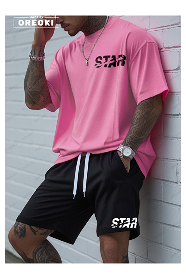 Star Printed Cotton Fabric Men's Pink T-Shirt-Black Shorts Set