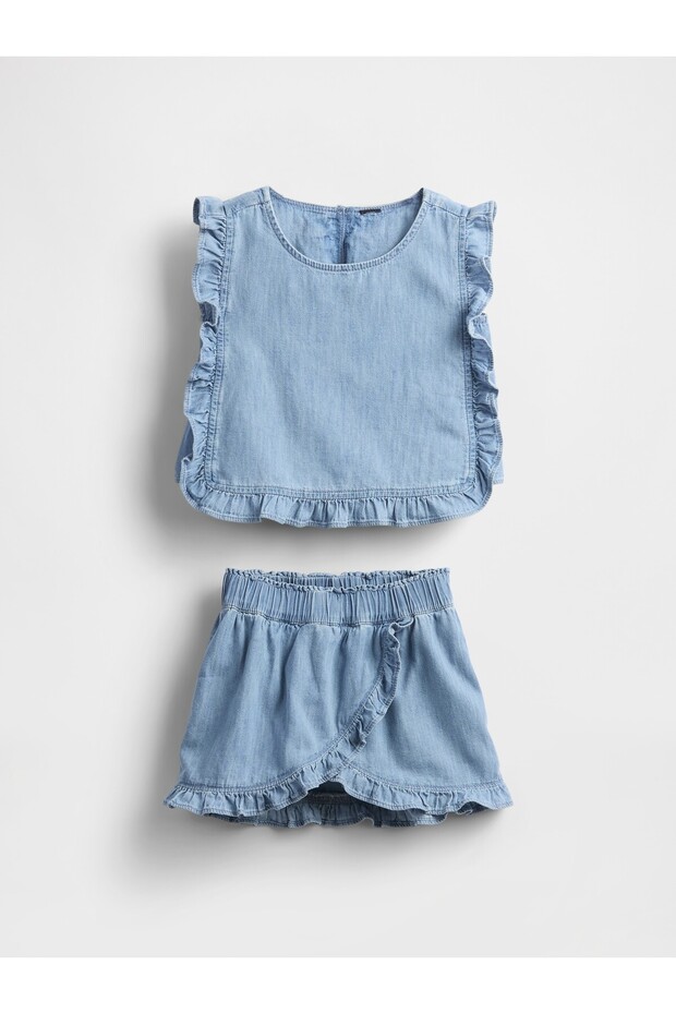 Kız Bebek Mavi Denim Volanlı Şort Etek Takımı - 3