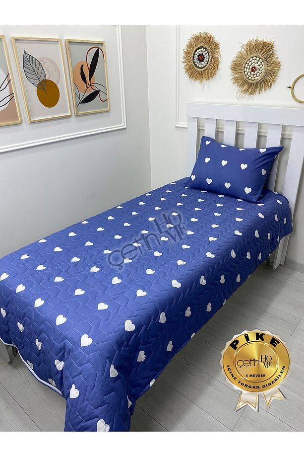 Çetinhome Tek Kişilik Kapitone Pike Seti 4 Mevsim Blue Kalp - 2