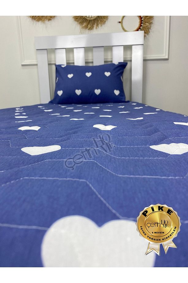 Çetinhome Tek Kişilik Kapitone Pike Seti 4 Mevsim Blue Kalp - 5