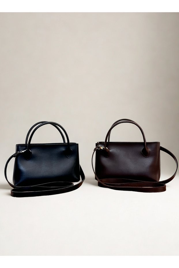 Women's Zippered Long Handle Double Set Black and Brown Baguette Hand and Shoulder Bag