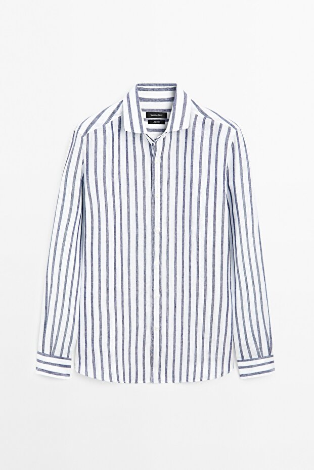 Regular fit çizgili keten gömlek - 5