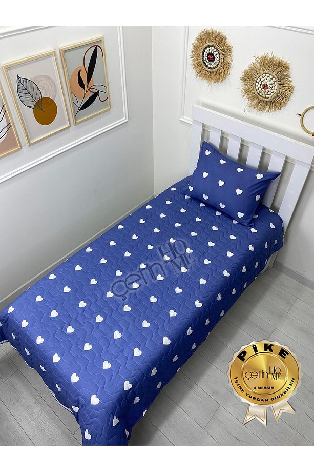 Çetinhome Tek Kişilik Kapitone Pike Seti 4 Mevsim Blue Kalp - 1