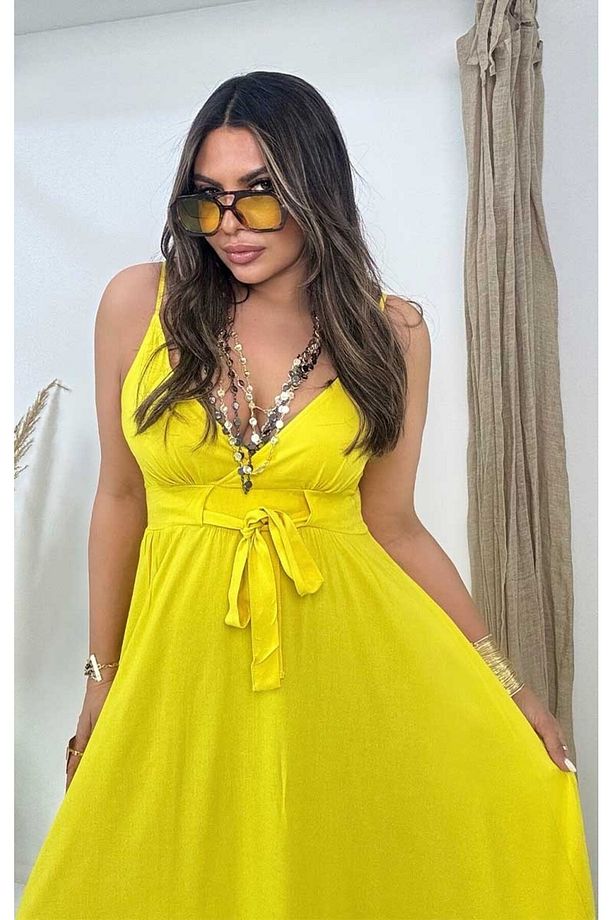 Üçgen Kup Detaylı Maxi Elbise Sarı - 3