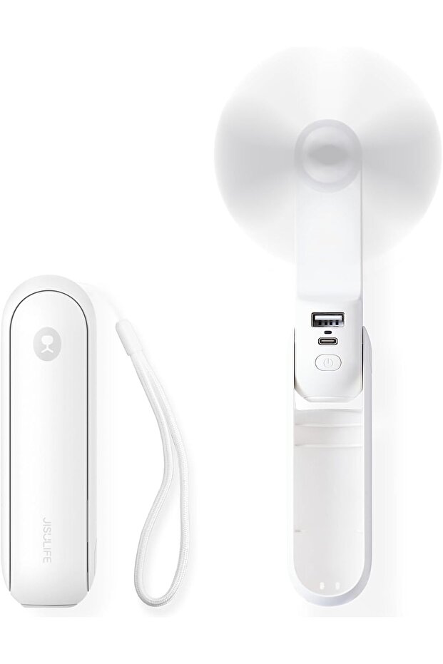 Portable Handheld Mini Rechargeable Fan with Power Bank & Flashlight - White