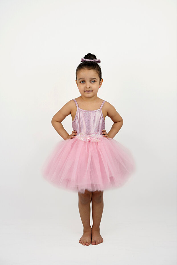 Glittery Rope Strap Snap Fastener Girl's Bodysuit and Bow Fluffy Tutu Skirt Set
