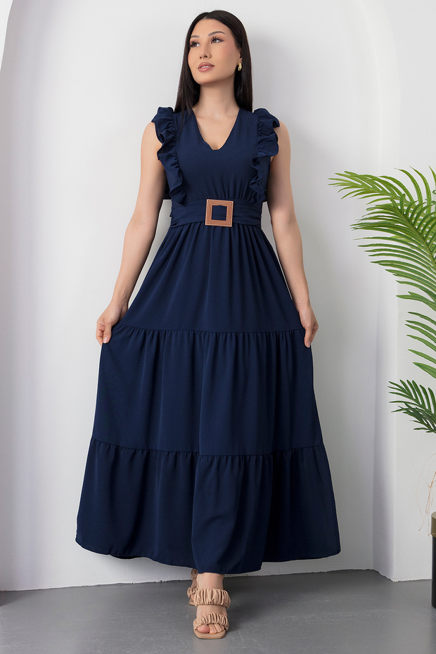 V Yaka Tokalı Kemerli Elbise DKS1296 - 3