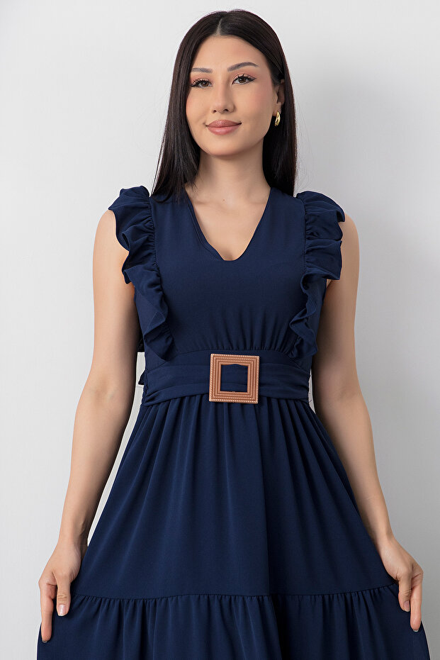 V Yaka Tokalı Kemerli Elbise DKS1296 - 2