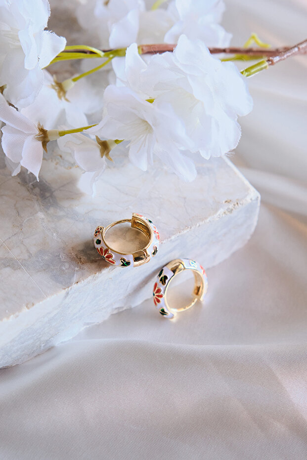Daisy White Orange Enamel Hoop Steel Earrings