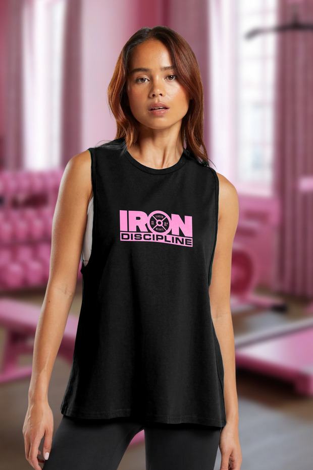 Black Printed Sports Tank Top Crew Neck Cotton Sleeveless Tank Top Iron Discipline Women