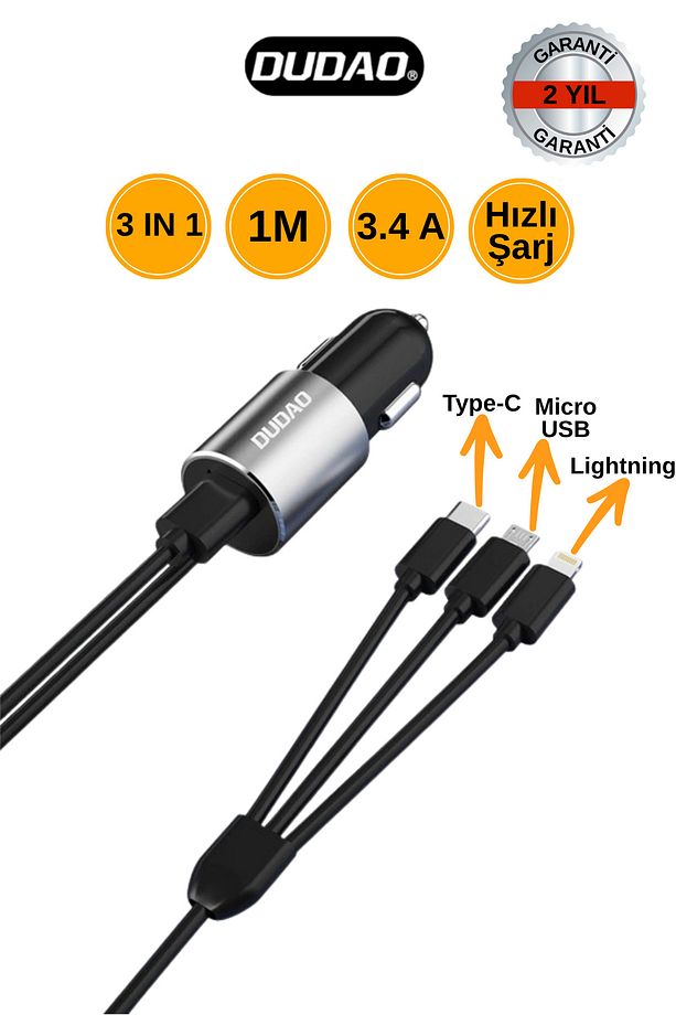 R5PRON 3'Ü 1 ARADA Çoklu Şarj Kablosu - Lightning / USB Type C / Micro USB Kablo - 1