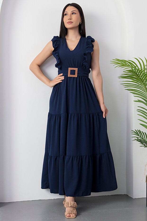 V Yaka Tokalı Kemerli Elbise DKS1296 - 4