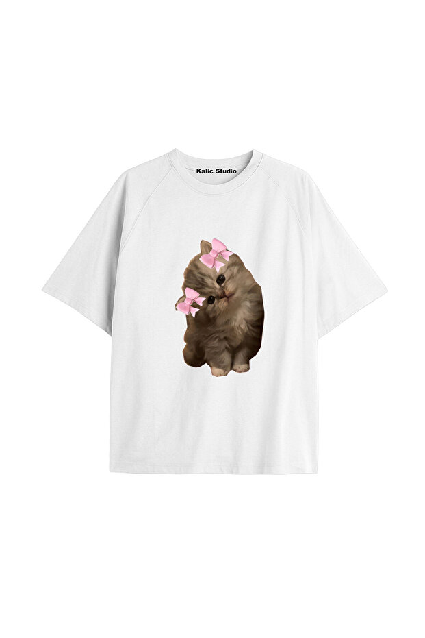 Y2K Vintage Cats Printed White T-Shirt Kod 5