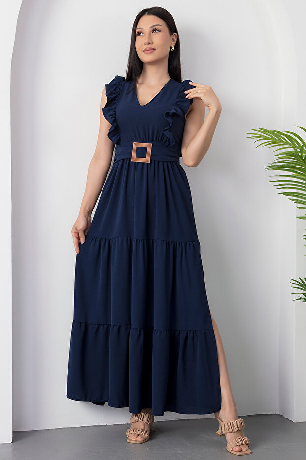 V Yaka Tokalı Kemerli Elbise DKS1296 - 6