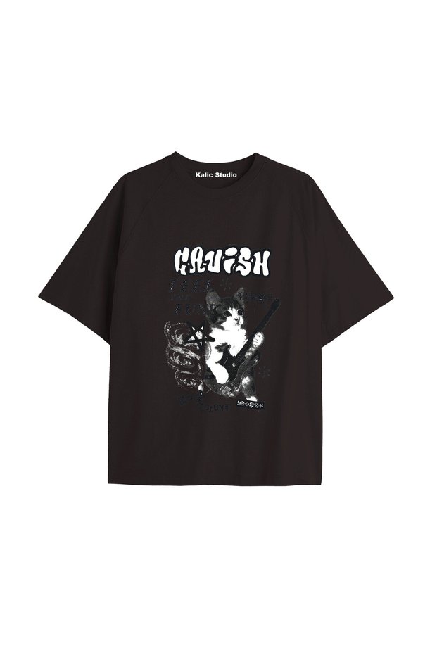 تي شيرت Y2k Vintage Cats مطبوع باللون الأسود KOD 31