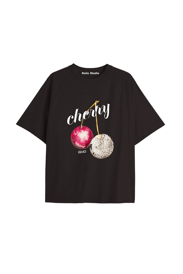 Y2K Vintage Cherry Printed Black T-Shirt Code 73