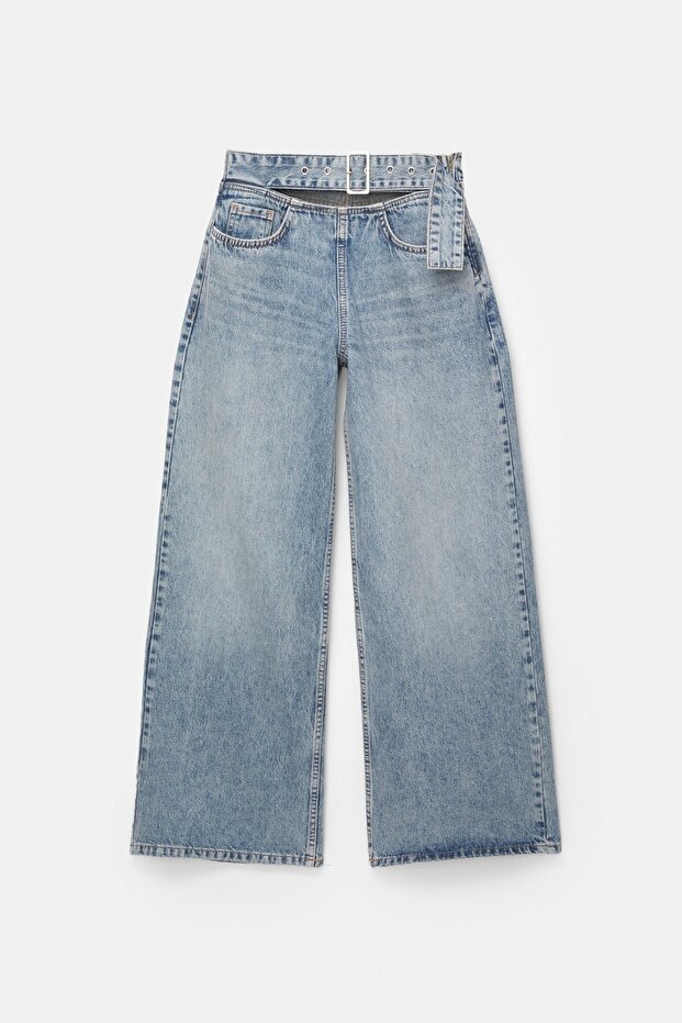 Kemerli geniş paça jean - 7