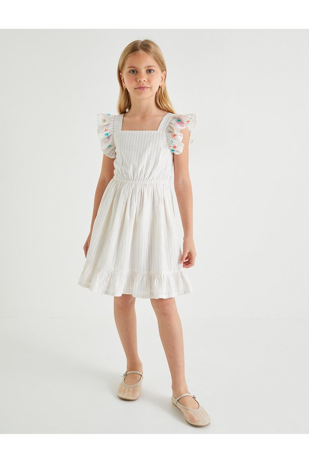 Girl's Beige Cotton Ruffled Dress