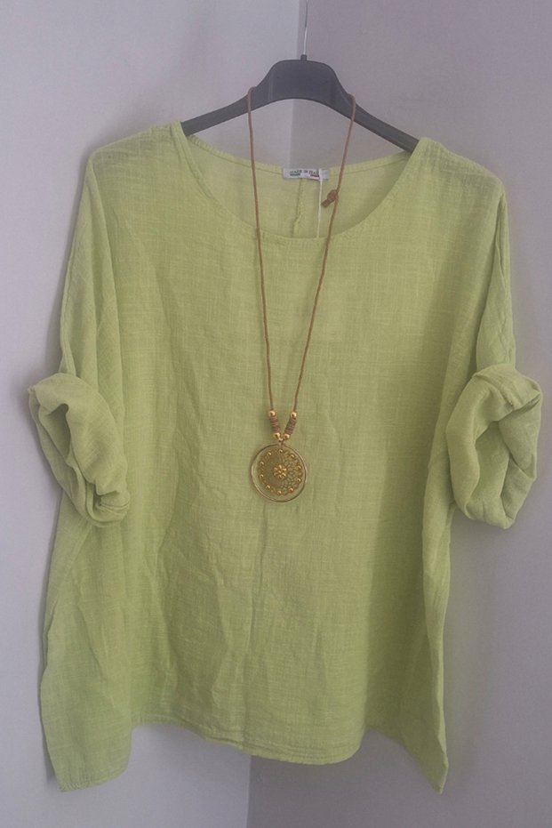 Women's Italian Yellowish Green Oversize Loose Blouse with Necklace Accessories