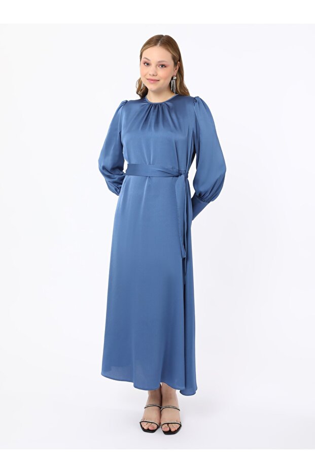 Satin Fabric Balloon Sleeve Plus Size Dress - Indigo- Alia