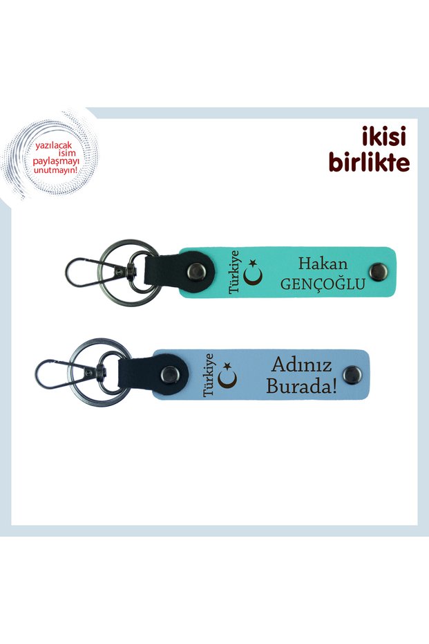 Meaningful Gift in Your Heart – Personal Keychain with Crescent and Star and Turkey Pattern, Turquoise-Sky Blue