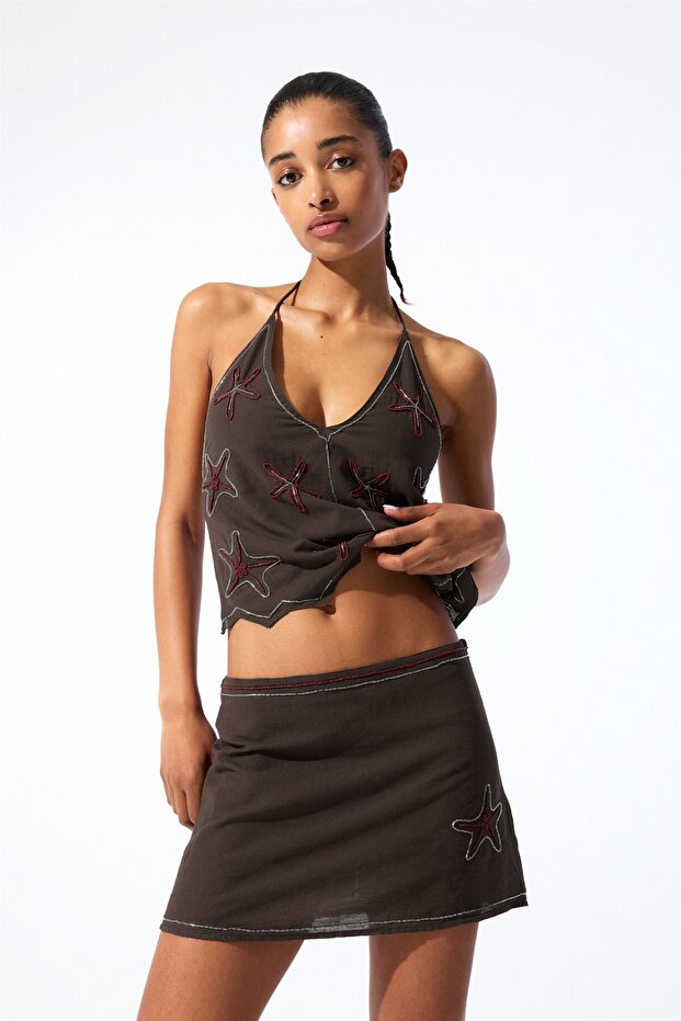 Boncuk detaylı mini etek - 2