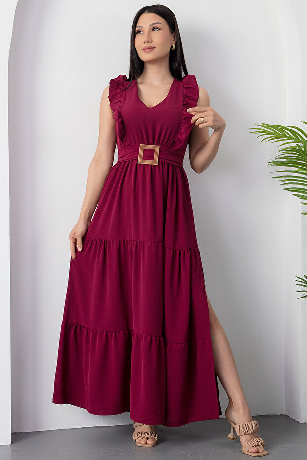 V Yaka Tokalı Kemerli Elbise DKS1296 - 5