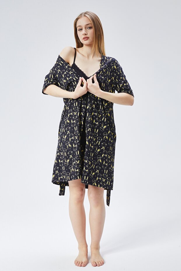 Moon Cover Women's Summer 3-Piece Pajama Set with Robe 100% Cotton – Black Printed