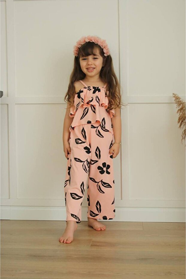 Girl's Floral Patterned Cotton Crop Suit