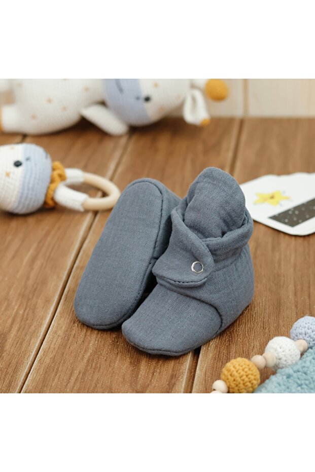 Papuci pentru bebeluși din muselină din bumbac organic, pantof nou-născut, gri închis - 5