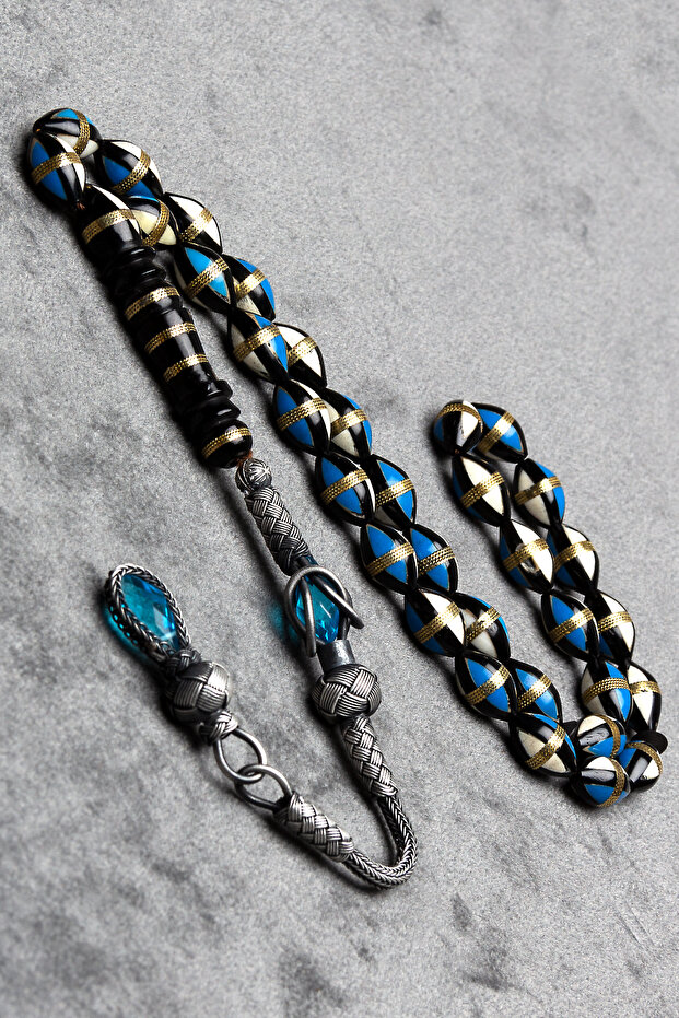 Certified Silver Kazaz Tassel Blue Enamel Embroidered Kuka Prayer Beads