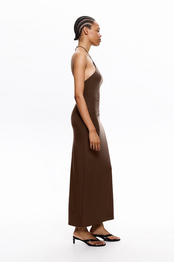 Drapeli halter yaka midi elbise - 3