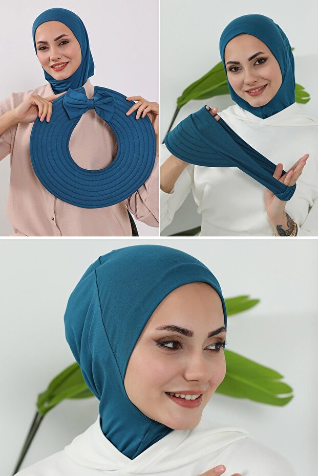3-Piece Snap-On Bonnet, Visor and Hat Set, Hijab, St-1P, Petrol