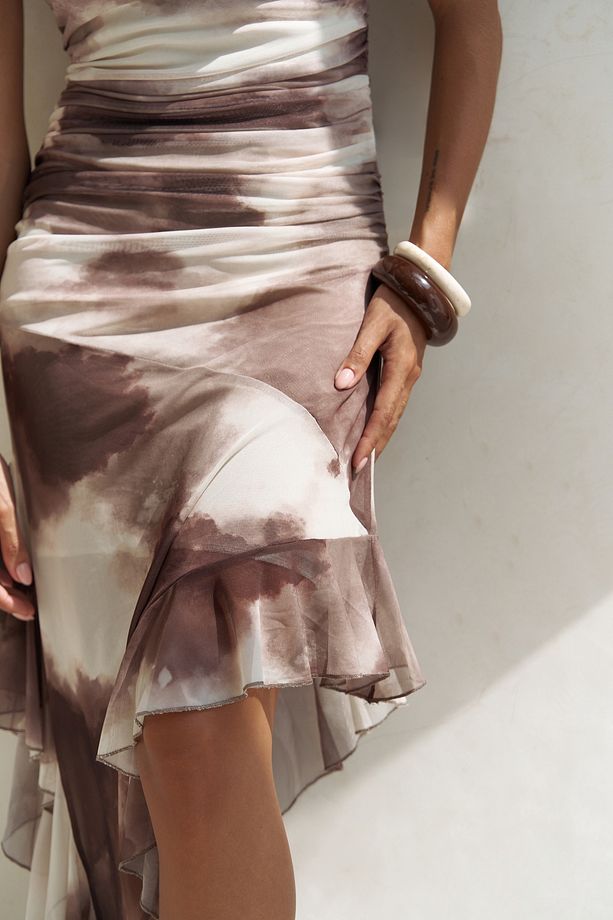 Stracnaha Drape Detaylı Kahve Straplez Elbise - 9