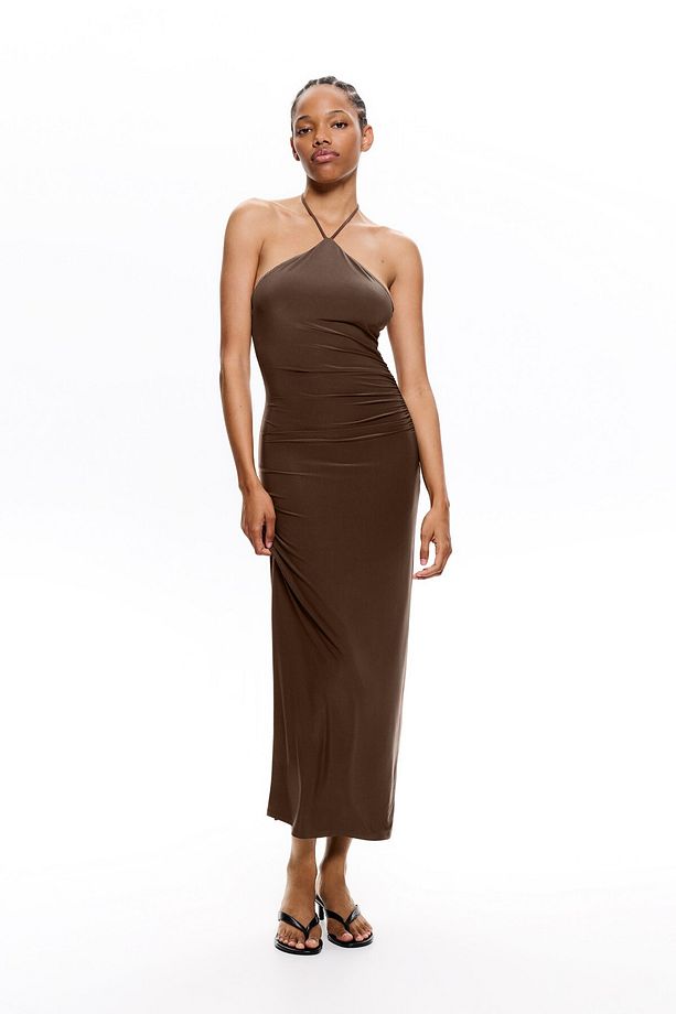 Drapeli halter yaka midi elbise - 2