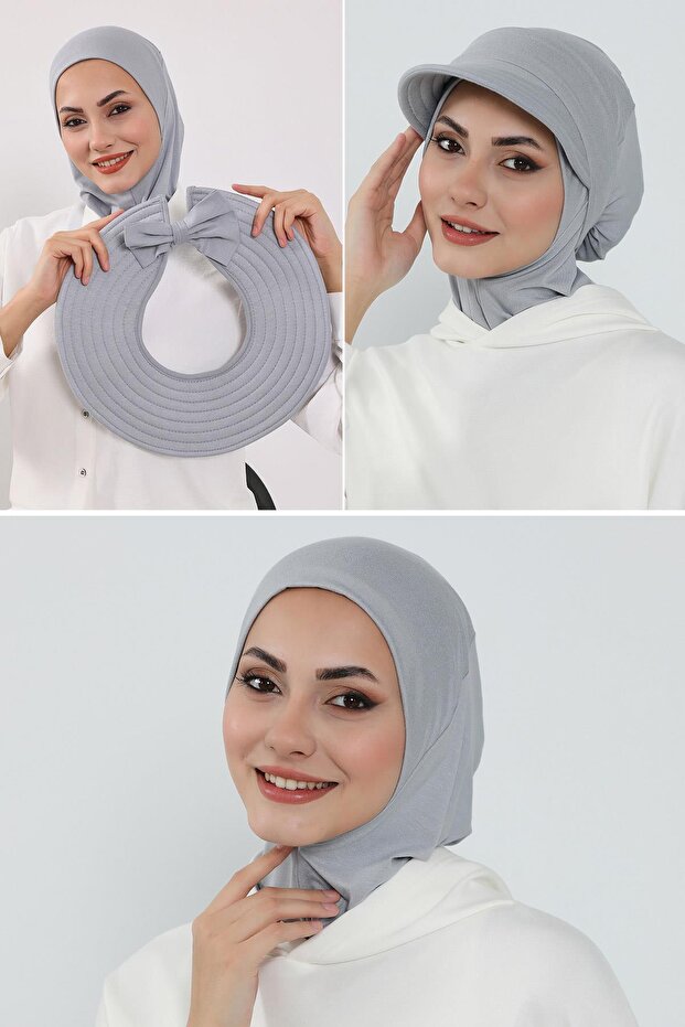 3-Piece Set of Hijab, Visor, and Hat, Hijab, St-1P, Gray 2