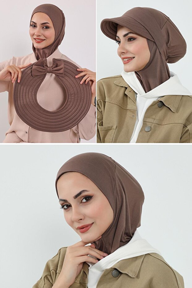 3-Piece Set of Hijab, Visor, and Hat, Hijab, St-1P, Chocolate